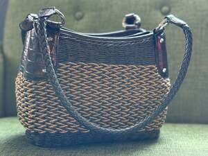 Brighton Brown Woven Raffia Croc Leather Trim Bucket Bag Braided Strap Boho